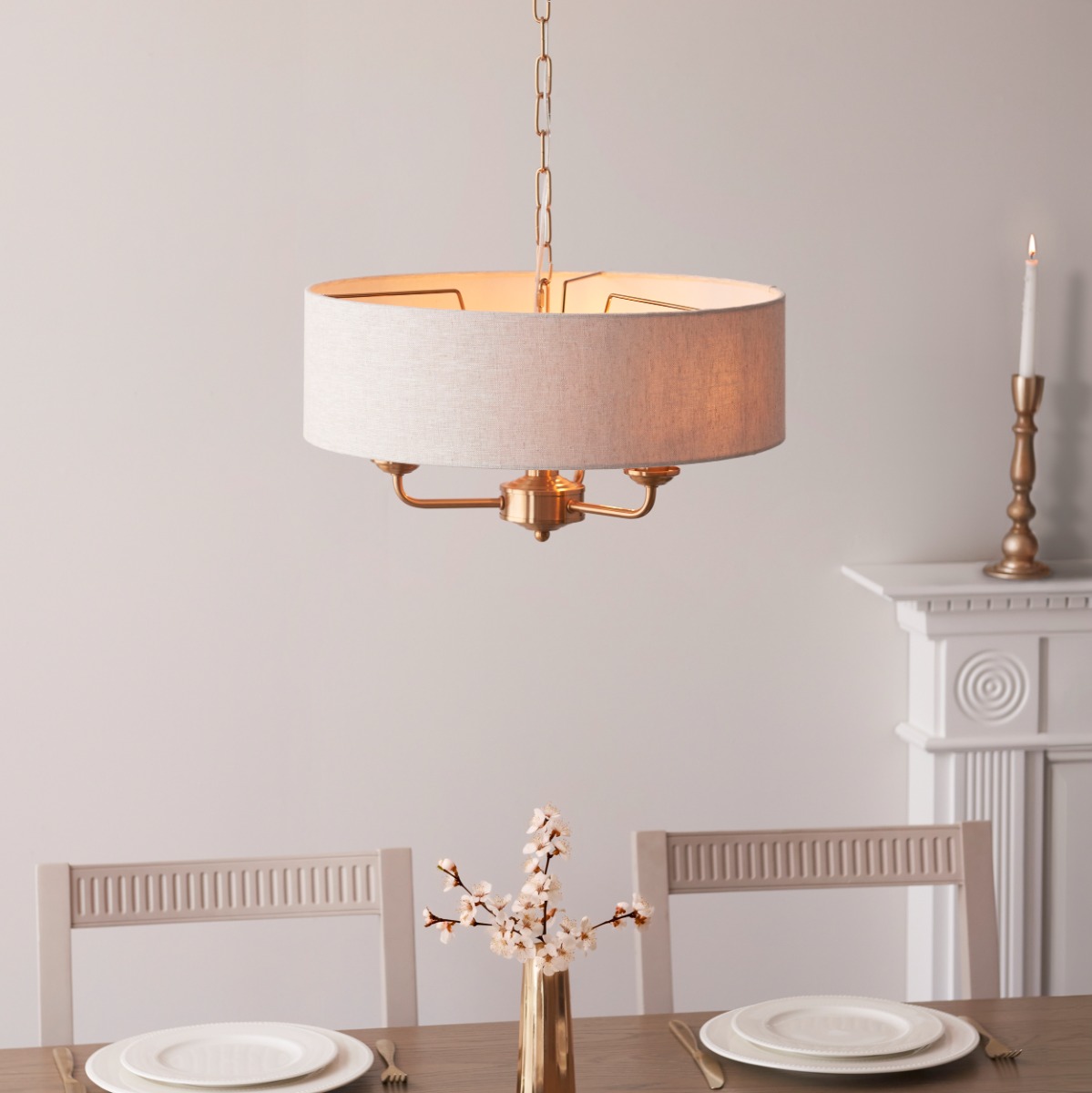 Endon 110723 Highclere 3 Light Ceiling Pendant In Vintage Brass With Natural Linen Shade