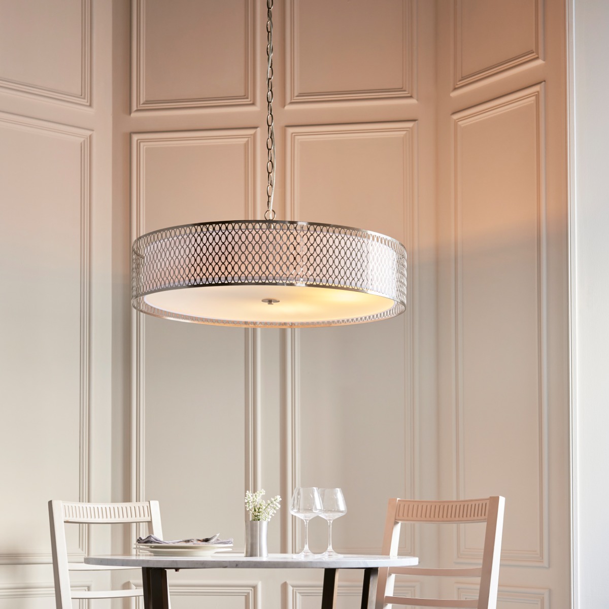 Endon 112758 Cordero 5 Light Grand Ceiling Pendant In Satin Nickel With White Inner Shade