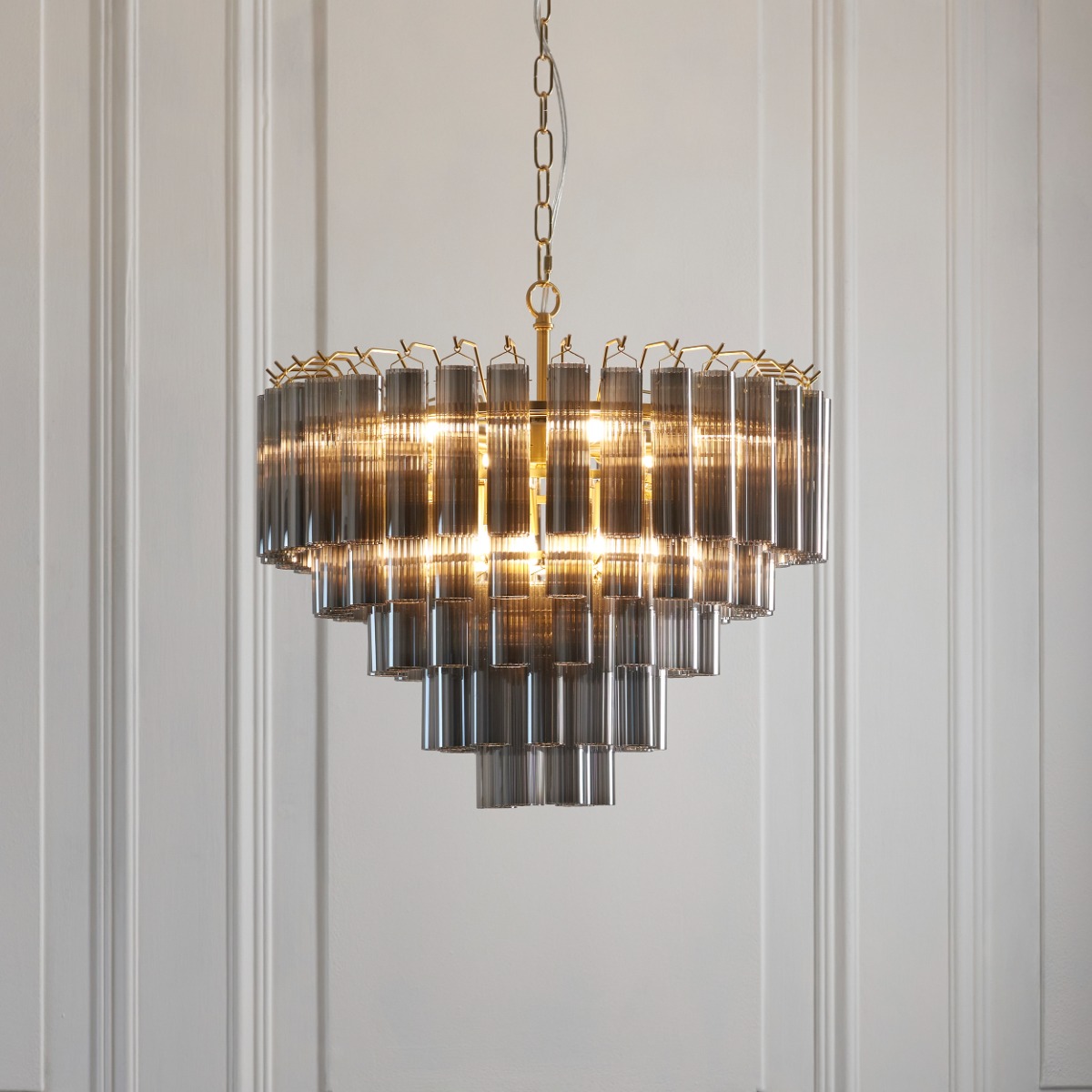 Endon 114197 Toulouse 12 Light Ceiling Pendant In Satin Brass With Smokey Lustre Glass