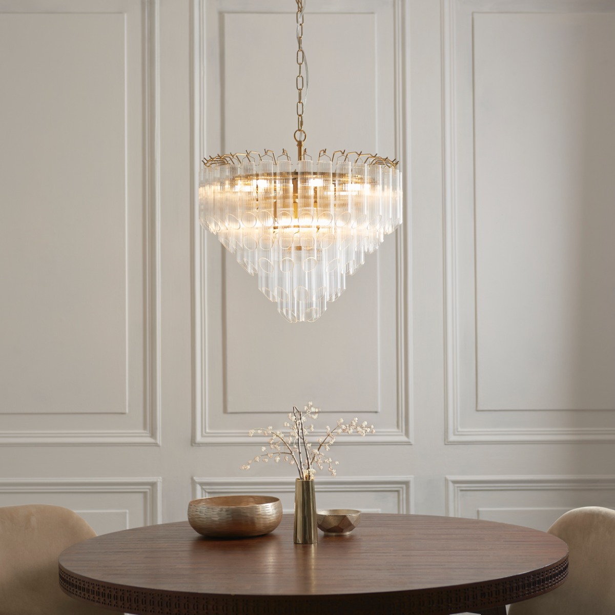 Endon 114198 Toulouse 12 Light Ceiling Pendant In Satin Brass With Clear Ribbed Angled Glass