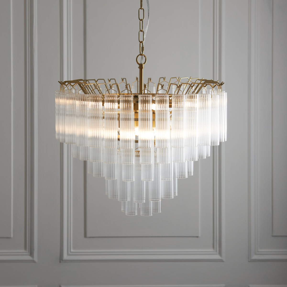 Endon 114199 Toulouse 12 Light Ceiling Pendant In Satin Brass With Clear Ribbed Glass