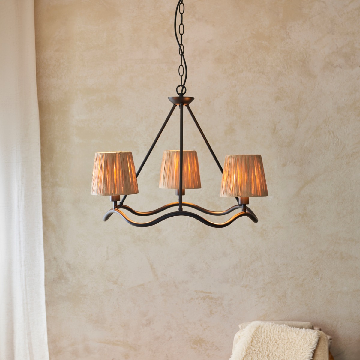 Endon 114212 Wriggle 3 Light Ceiling Pendant Light In Matt Black With Raffia Shades
