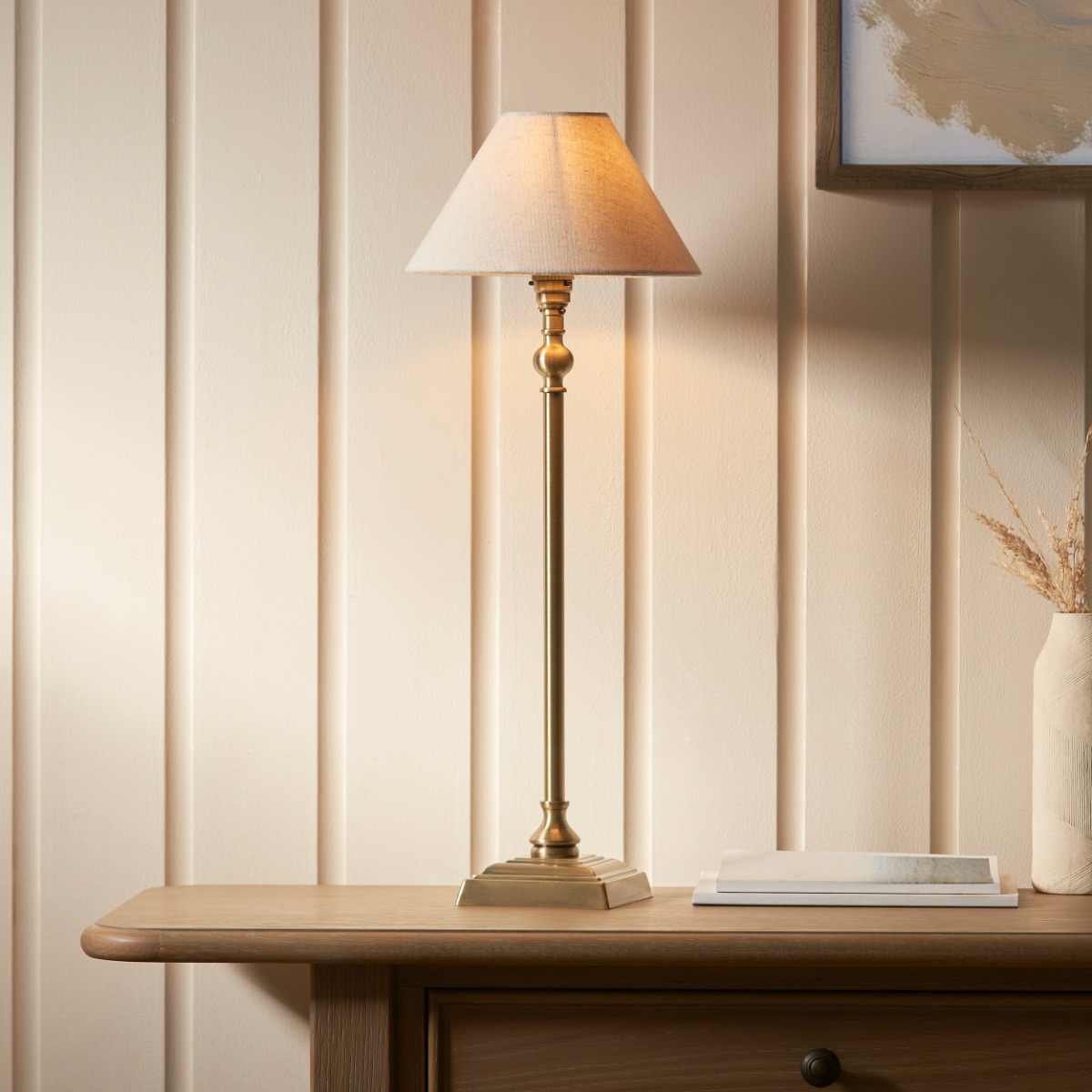 Endon 118122 Lille Table Lamp In Antique Brass Finish With 22 cm Natural Linen  Shade