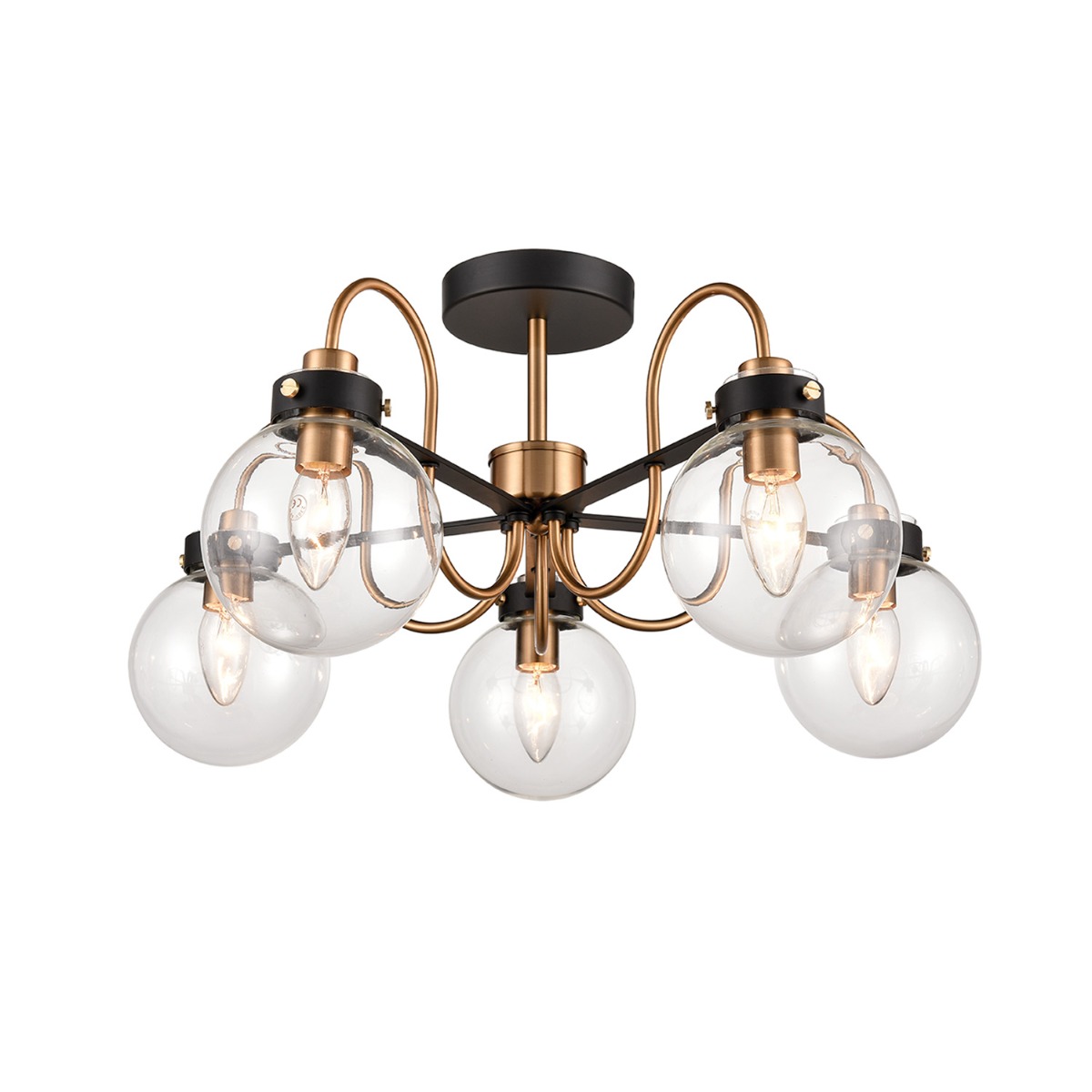 Franklite FL2441-5 Equinox 5 Light Semi Flush Ceiling Light In Matt Black And Antique Gold Finish
