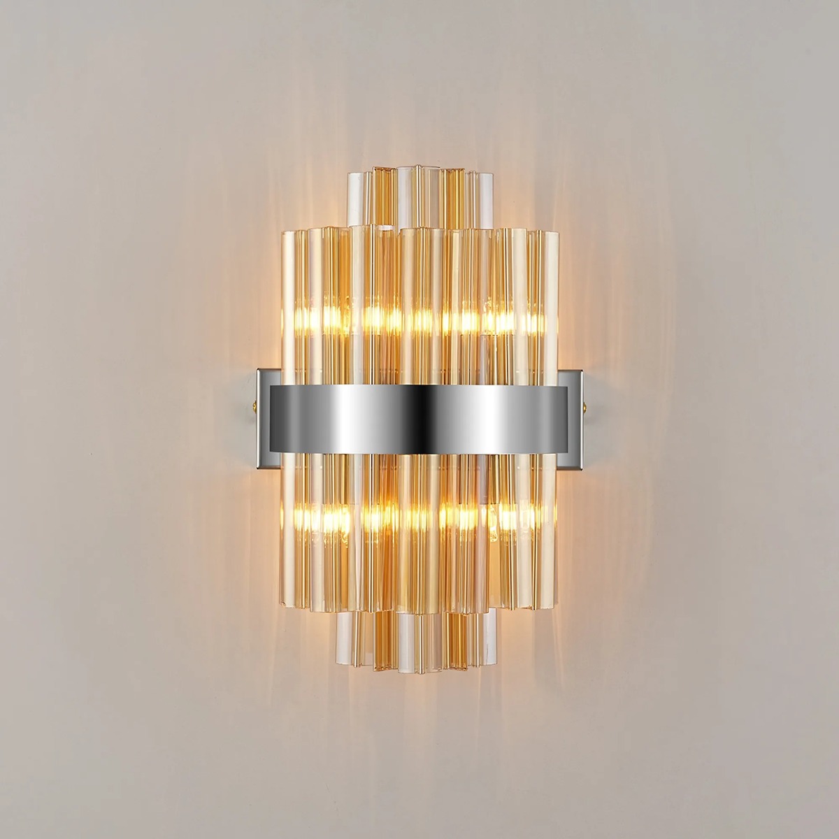 Hampton 4 Light Wall Light In Polished Nickel Finish With Amber Glass