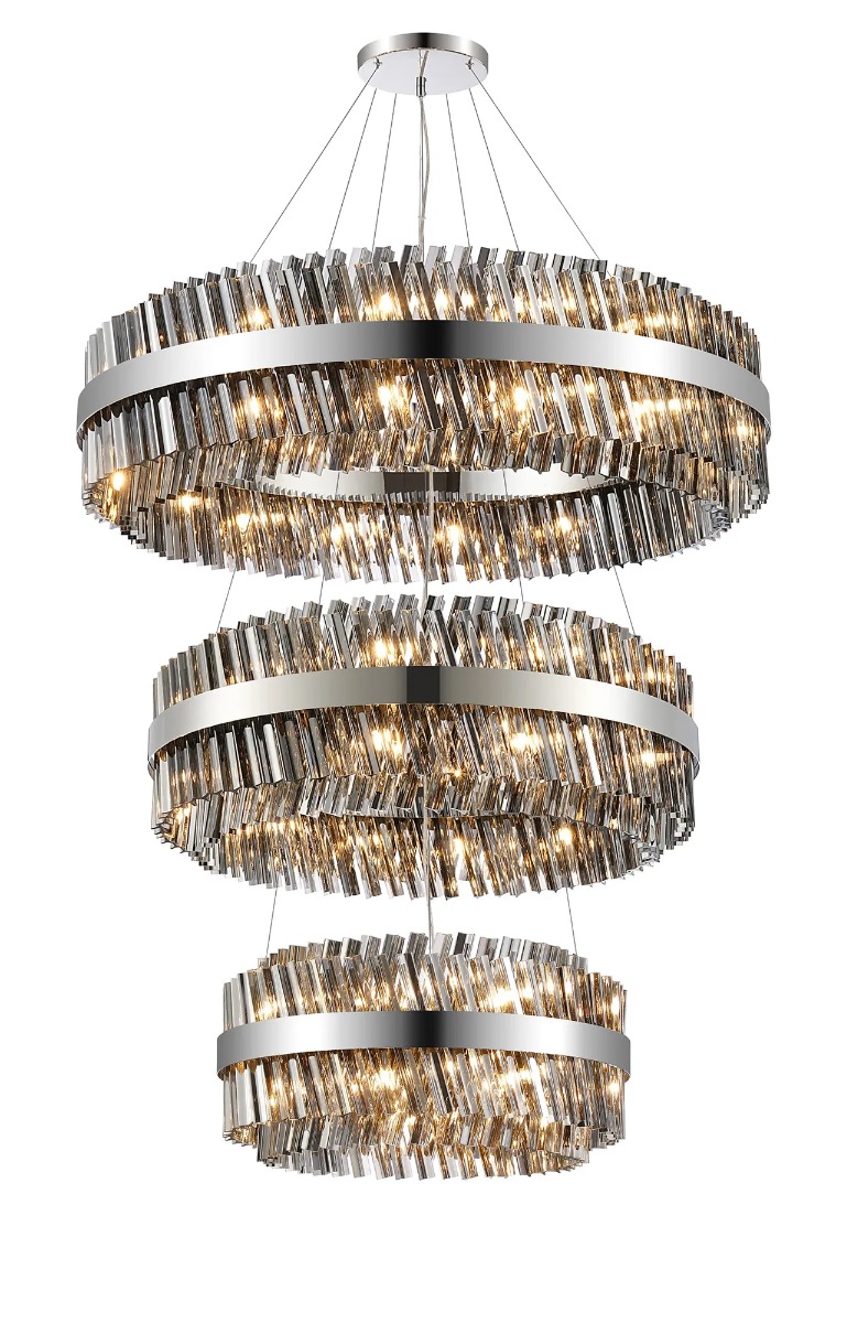 Hampton 3 Tier Ceiling Pendant Light In Polished Nickel Finish With Smoked Glass 60+80+100cm