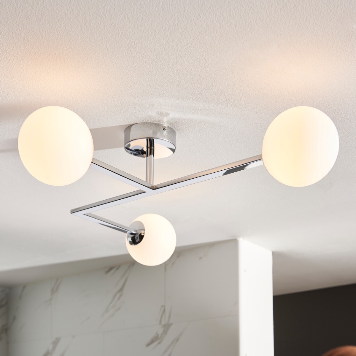 Freya Bathroom 3 Light Semi Flush Ceiling Light In Chrome With Opal Glass Shades IP44
