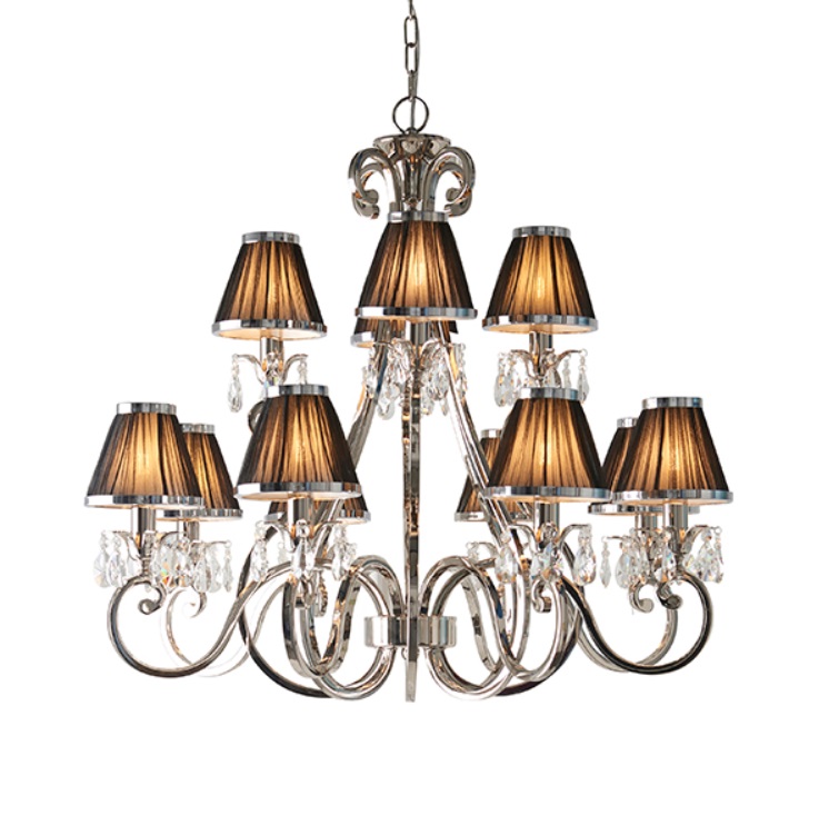 Image of Interiors 1900 63507 Oksana Nickel 12 Light Ceiling Pendant Light In Nickel With Black Shades