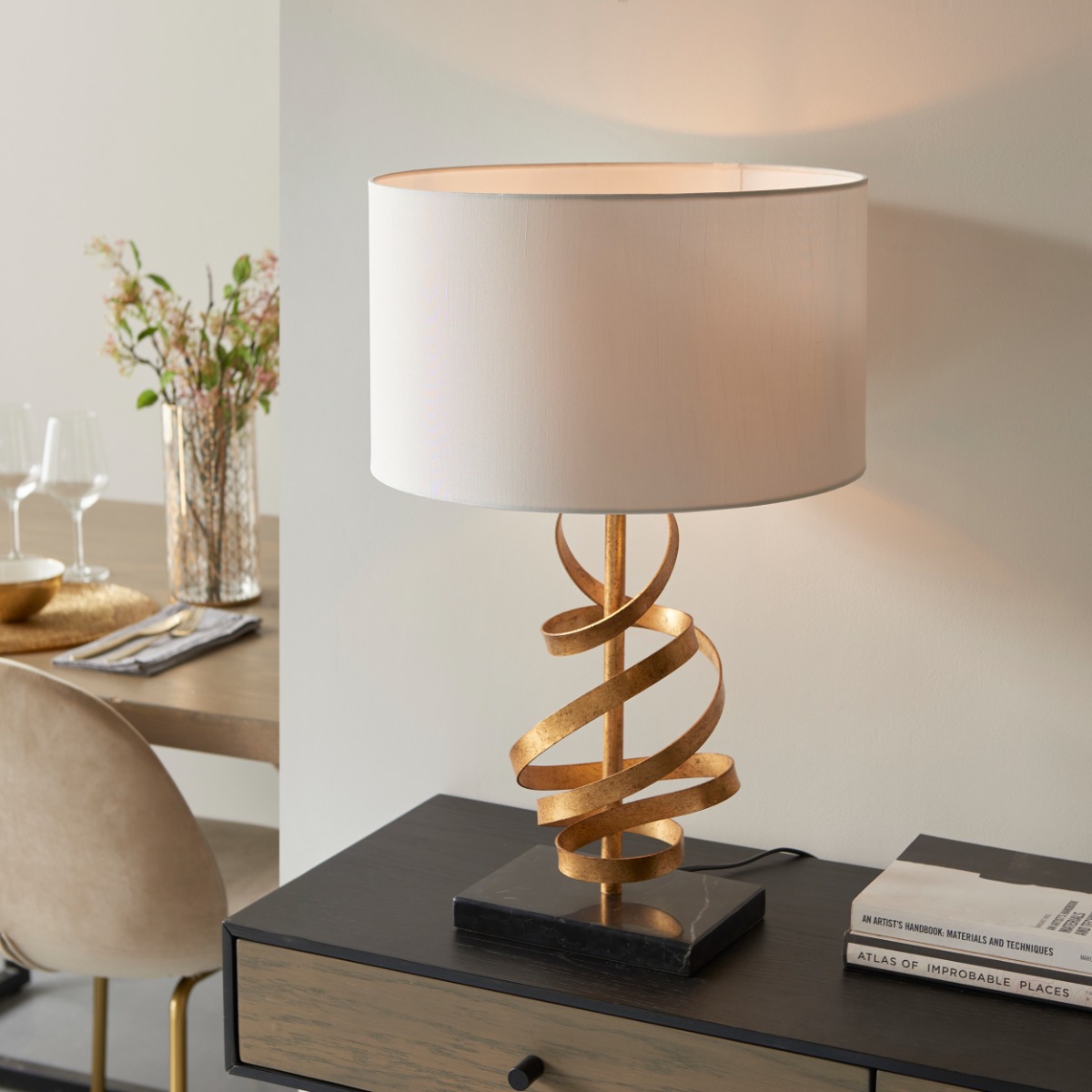 Ribbon Table Lamp In Gold Leaf Finish With Ivory Cotton Shade And Marble Base