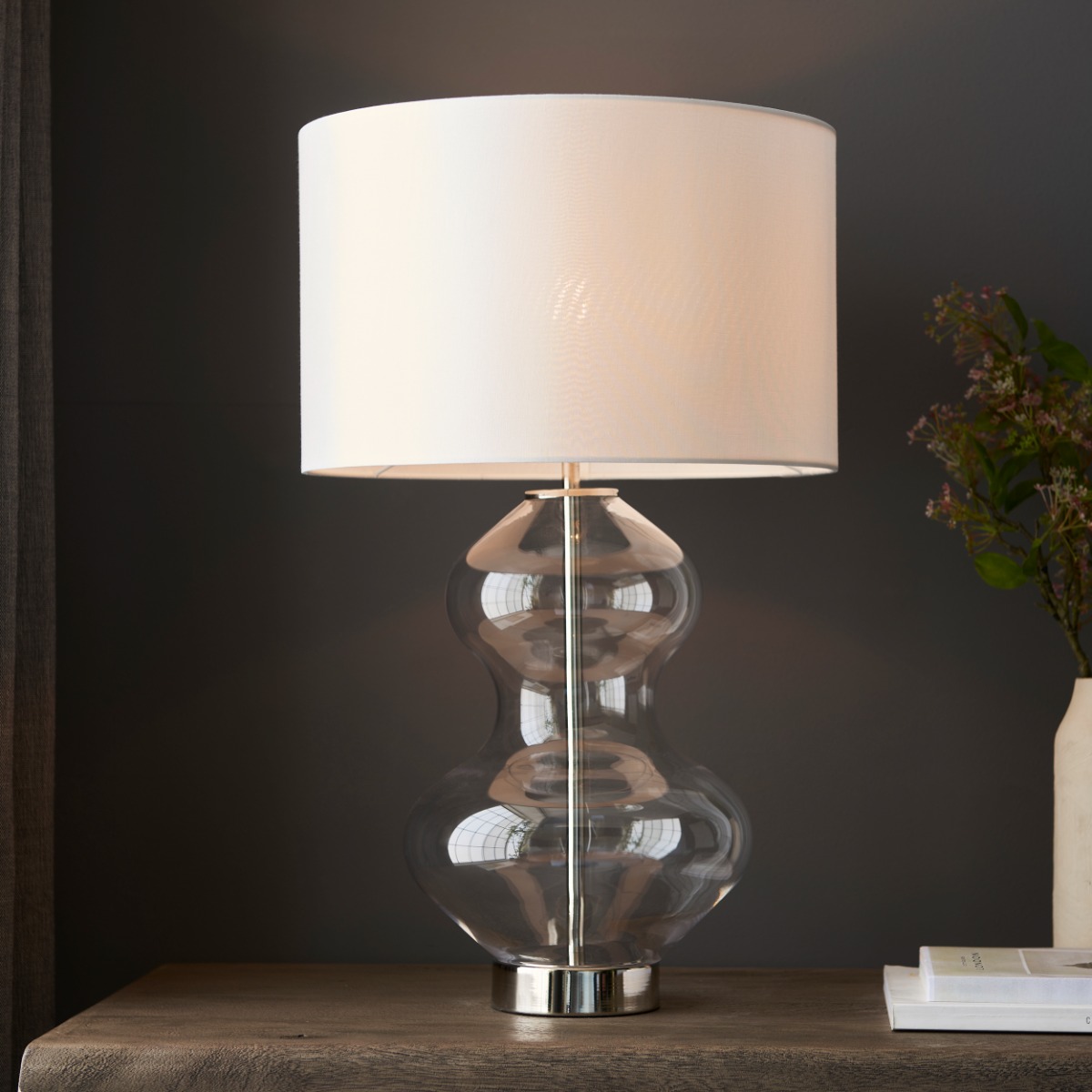 Pablo Shaped Clear Glass Touch Table Lamp In Bright Nickel With White Shade