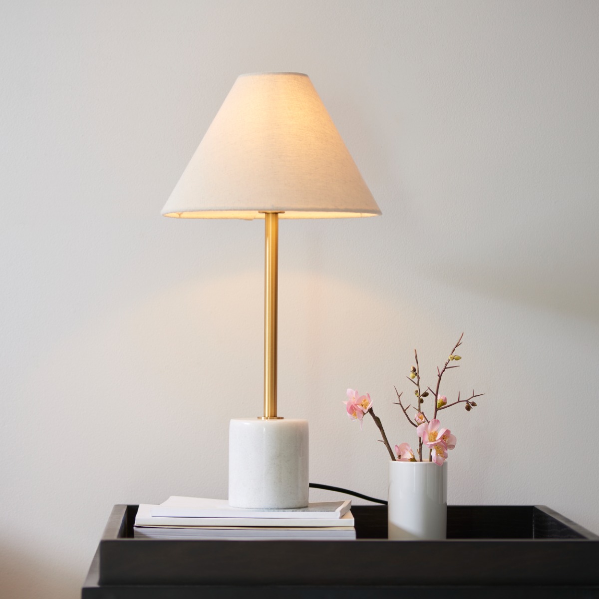 Modern Table Lamp In Aged Brass With White Marble Base And Natural Shade