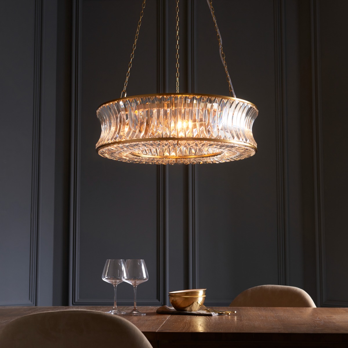Crystal 6 Light Ceiling Pendant Light With Concave Glass In Warm Brass Finish