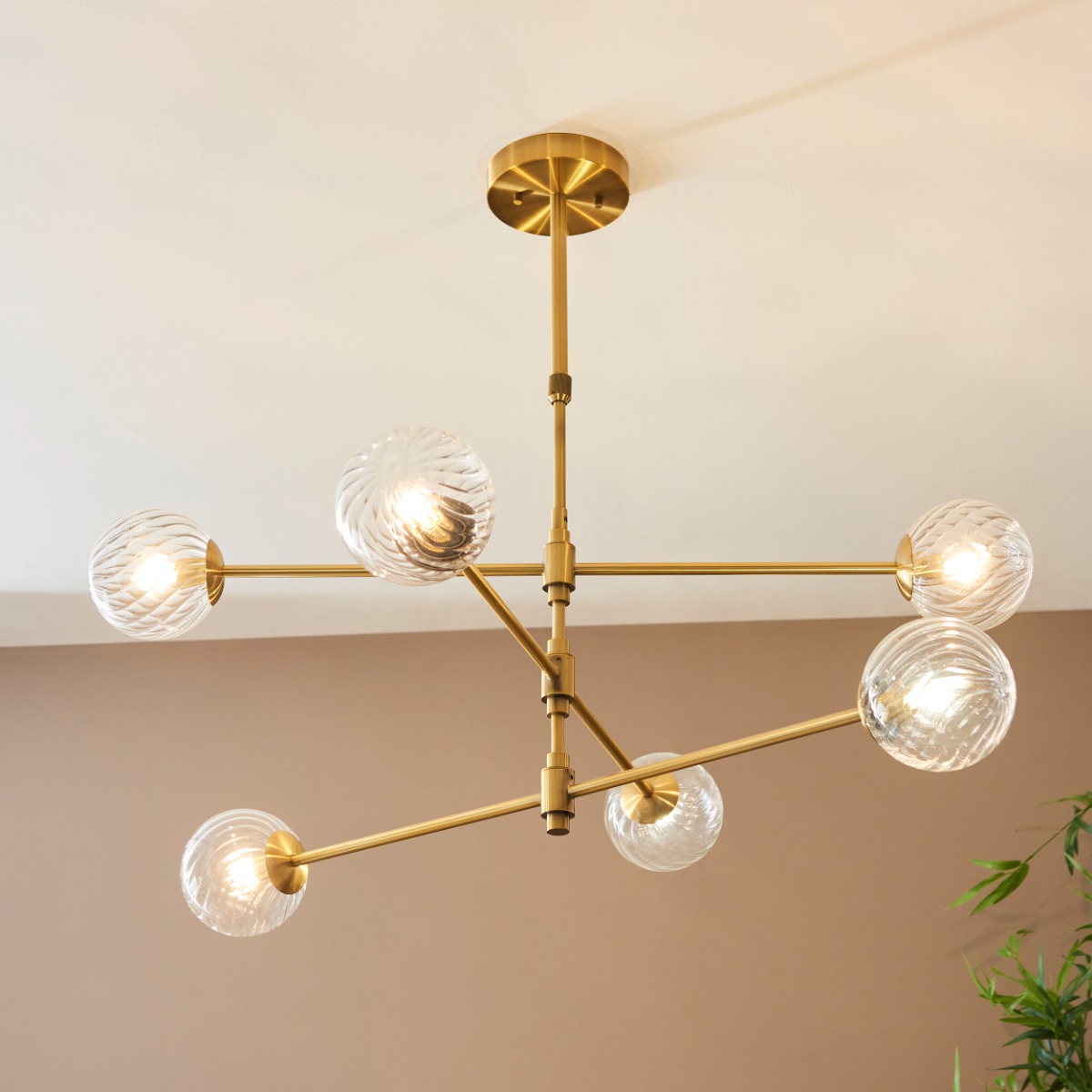 Twin 6 Light Ceiling Pendant Light In Aged Brass With Twisted Glass Shades