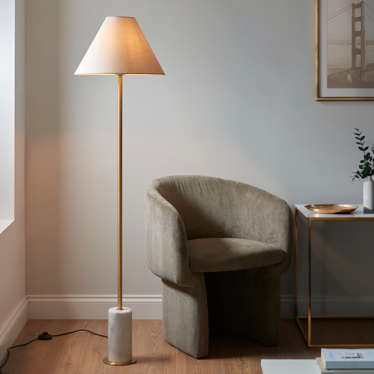 Modern Floor Lamp In Aged Brass With White Marble Base And Natural Shade