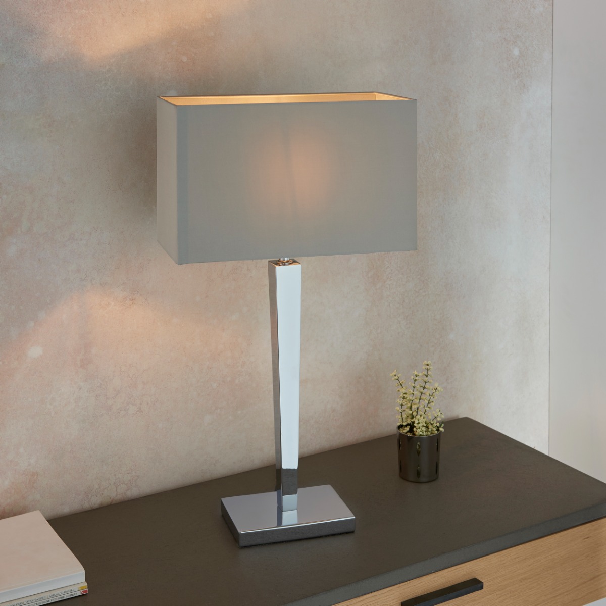 Endon MORETO Light Chrome Base Table Lamp With Fabric Shade