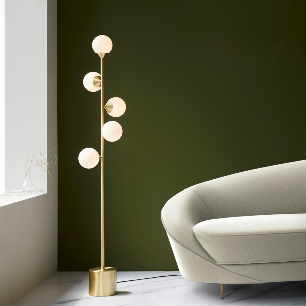 Teardrop 5 Light Floor Lamp In Satin Brass Finish With Gloss White Glass Shades