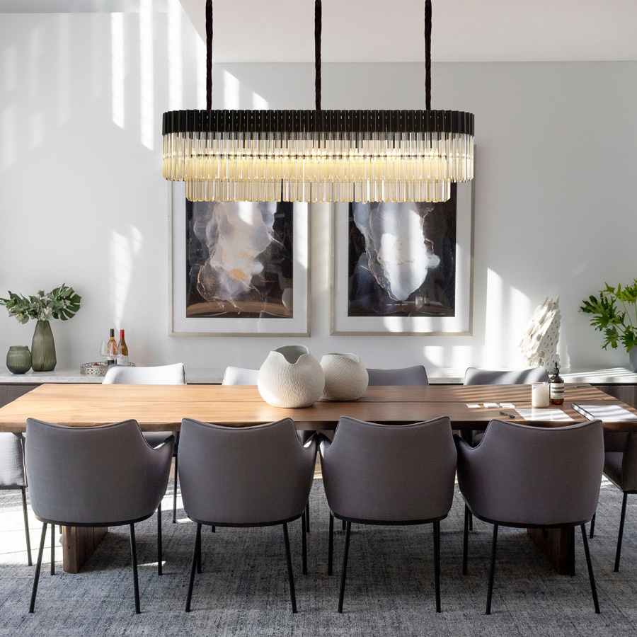 Prestige Metro Rectangular Ceiling Pendant Light In Matt Black With Cognac Sculptured Glass 150cm