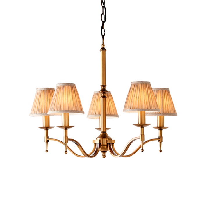 Image of Interiors 1900 63627 Stanford Brass 5 Light Ceiling Pendant Light In Brass With Beige Shades