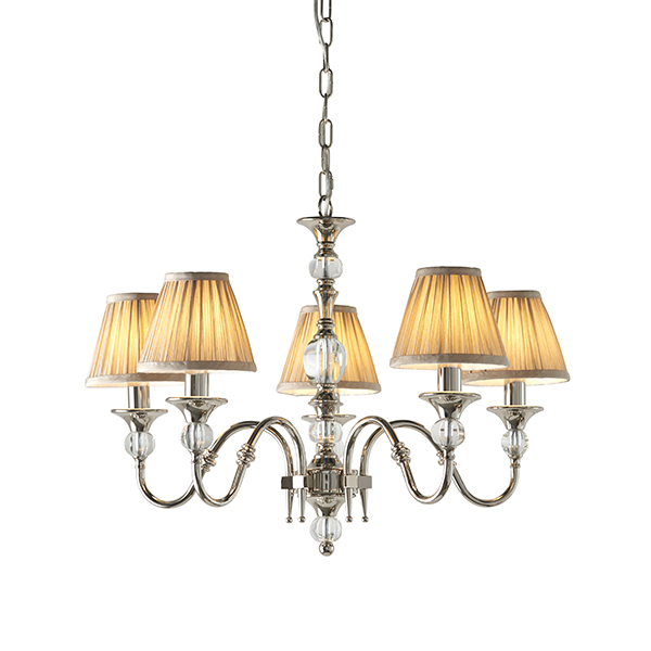 Image of Interiors 1900 63580 Polina Nickel 5 Light Ceiling Pendant With Beige Shades In Polished Nickel