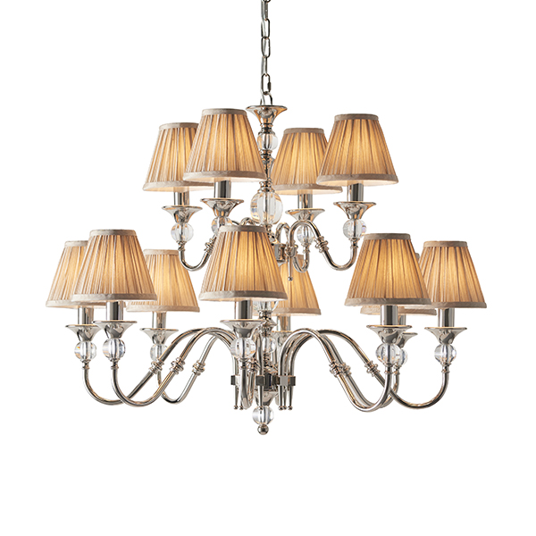 Image of Interiors 1900 63581 Polina Nickel 12 Light Ceiling Pendant With Beige Shades In Polished Nickel