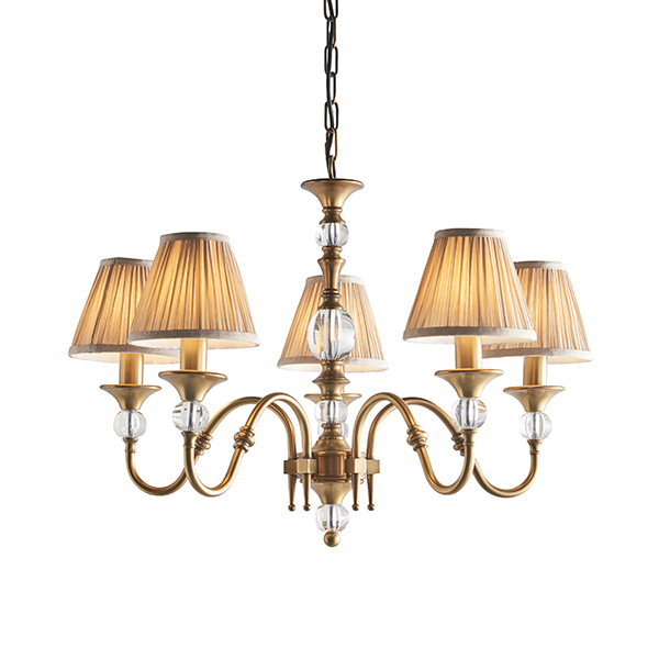 Image of Interiors 1900 63587 Polina Antique Brass 5 Light Ceiling Pendant Light With Beige Shades In Brass