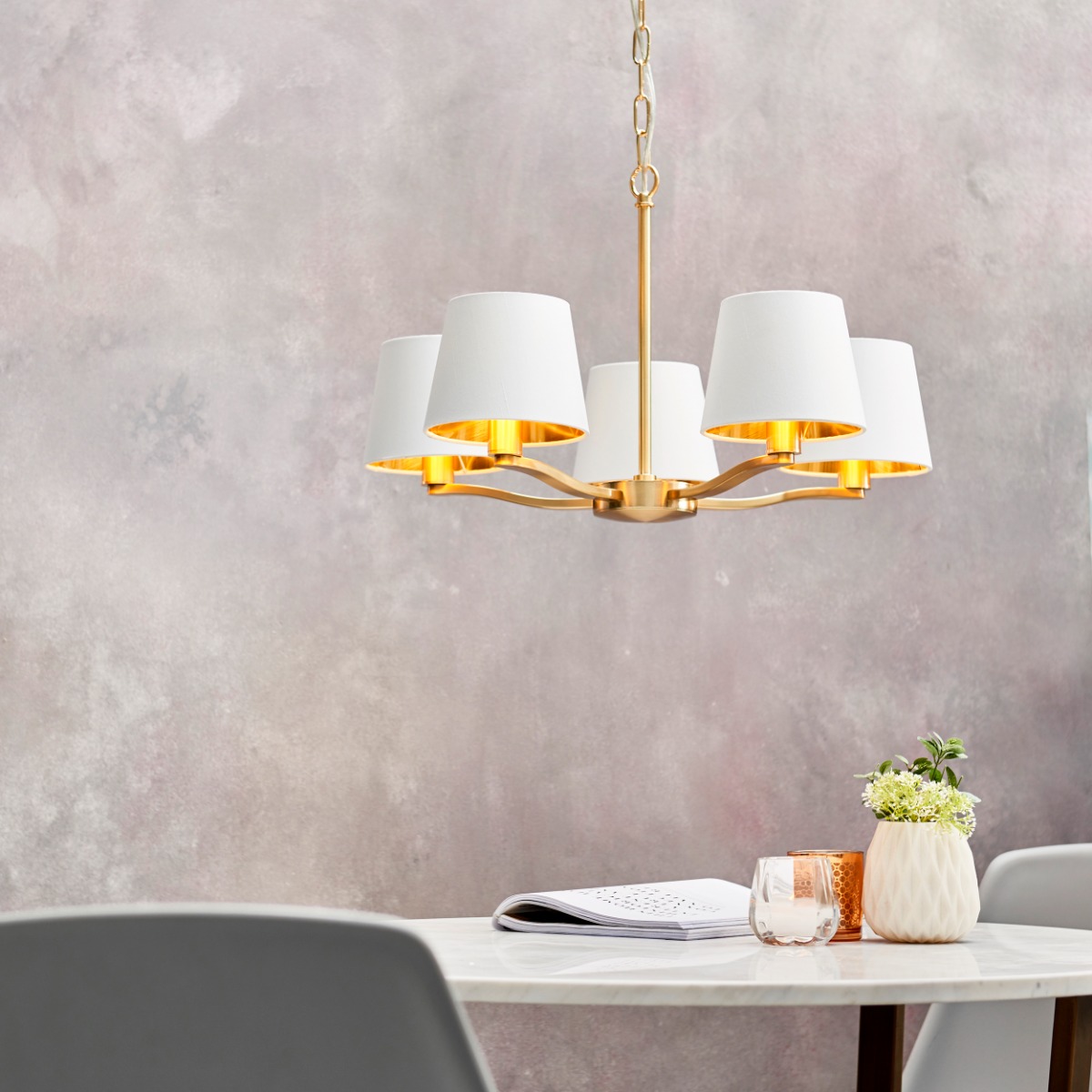Endon 67734 Harvey 5 Light Ceiling Pendant In Brushed Gold With Vintage White Faux Silk Shades