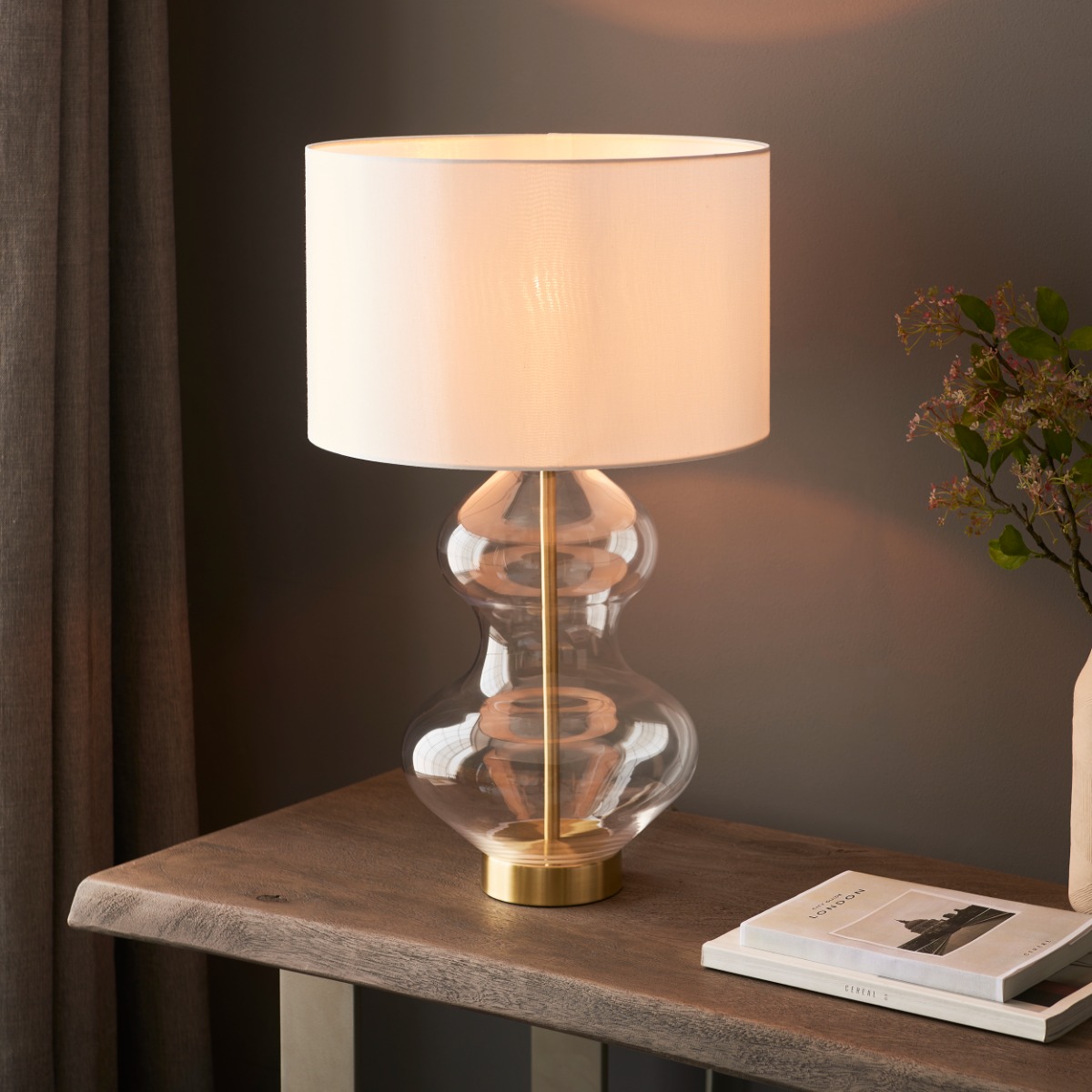 Pablo Shaped Clear Glass Touch Table Lamp In Satin Brass With White Shade