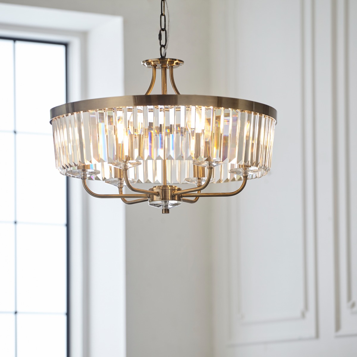 Classic 6 Light Ceiling Pendant Light In Antique Brass Finish With Clear Cut Glass
