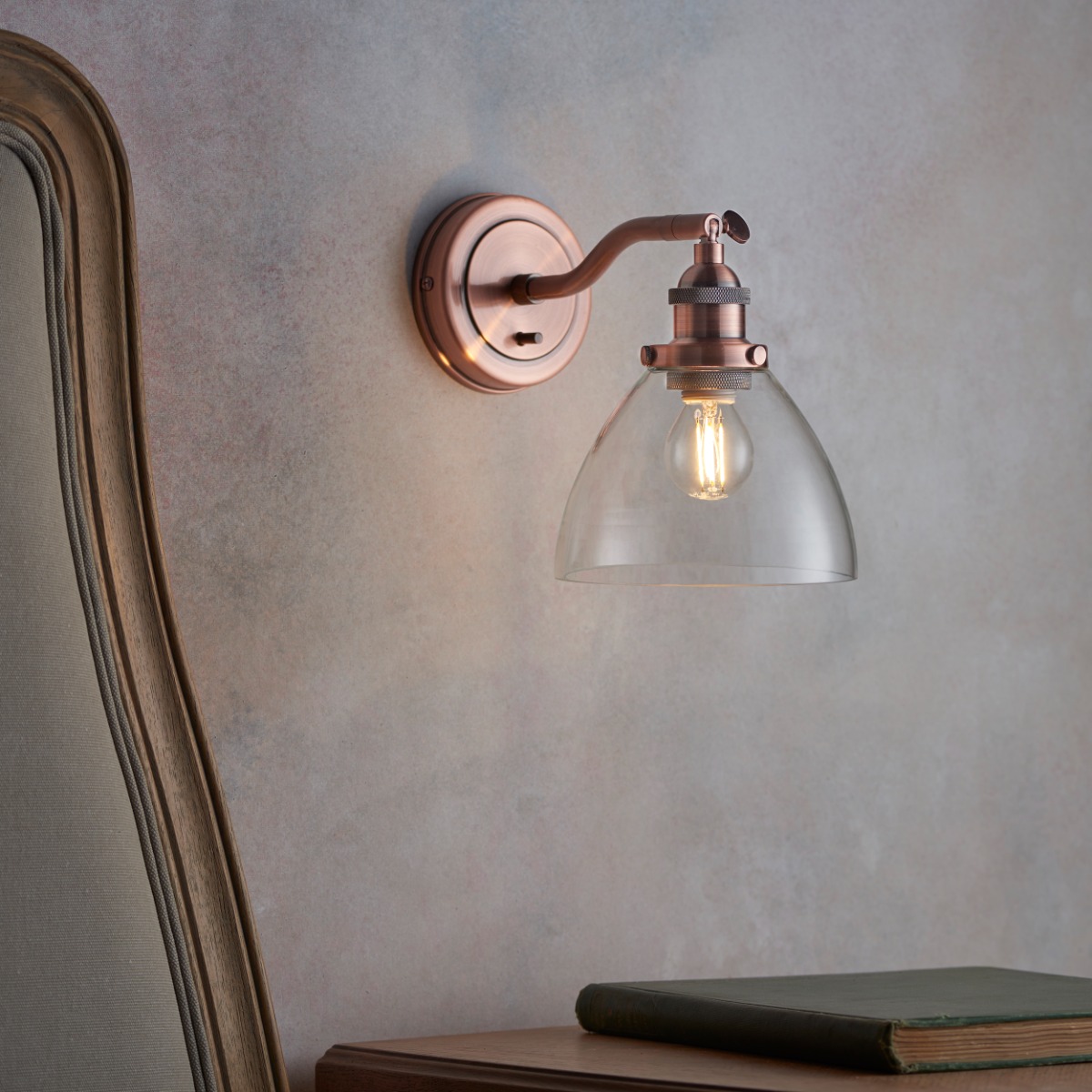 Endon 76334 Hansen 1 Light Wall Light In Aged Copper And Clear Glass