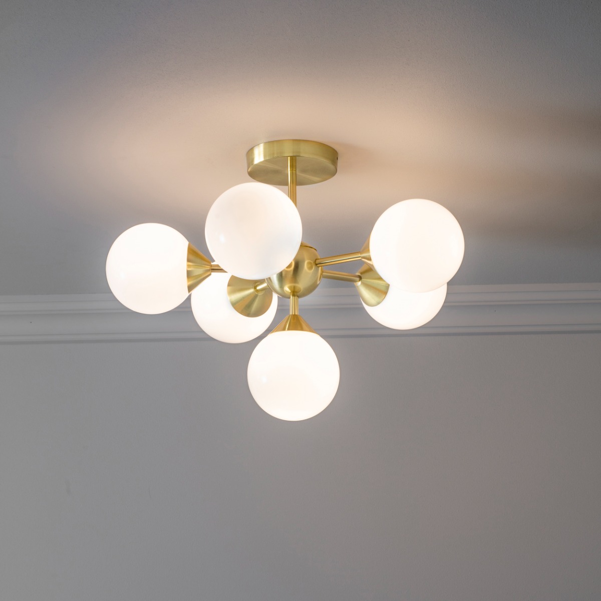 Endon 76501 Oscar 6 Light Semi Flush Ceiling Light In Brushed Brass With White Glass