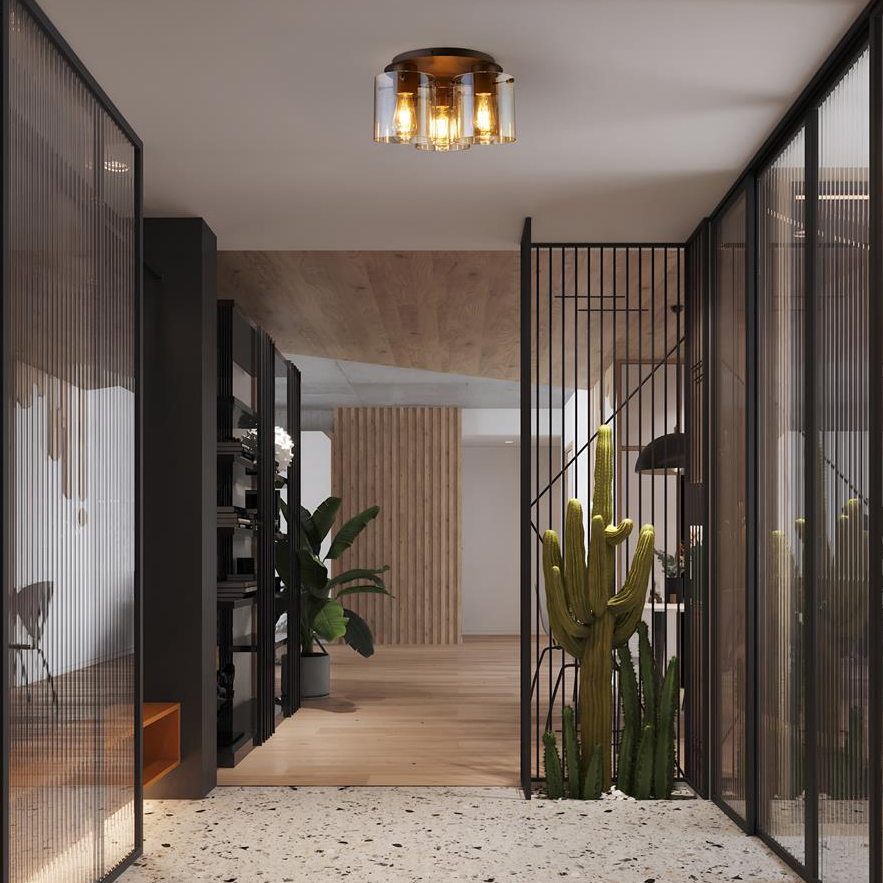 Searchlight Sweden 3 Light Flush Ceiling Light In Mocha With Amber Glass 88911-3MO