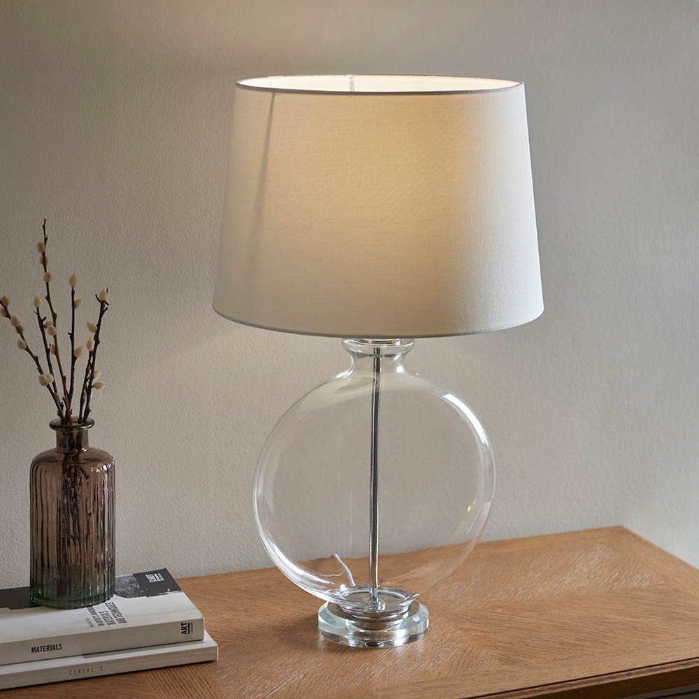 Endon 90535 Gideon Clear Glass Table Lamp With White Linen Shade