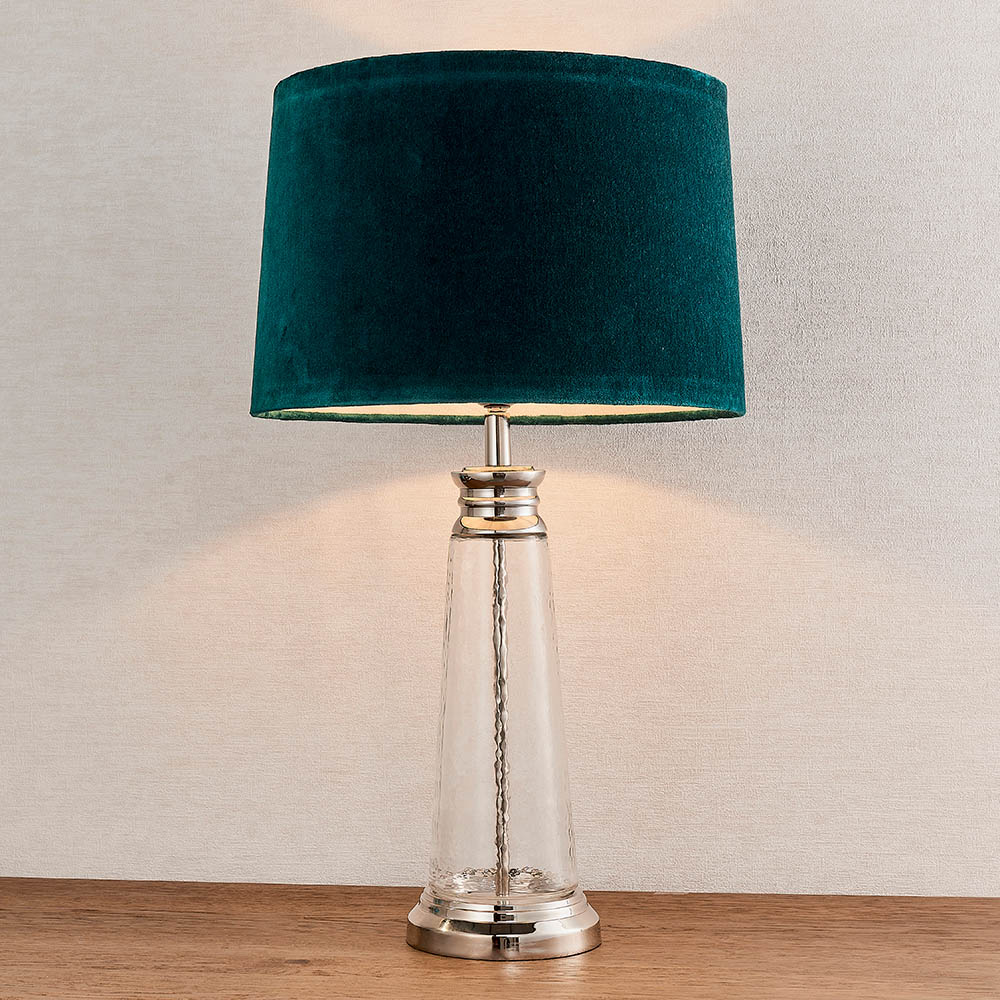 Endon 90545 Winslet Table Lamp In Clear Hammered Glass With Teal Velvet Shade