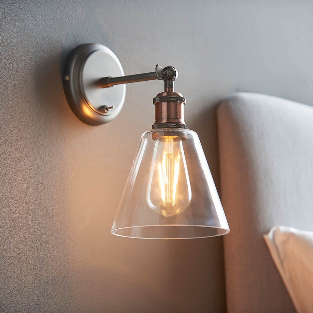 Endon 92874 Hal Wall Light In Aged Copper And Aged Pewter Finish With Clear Glass Shade