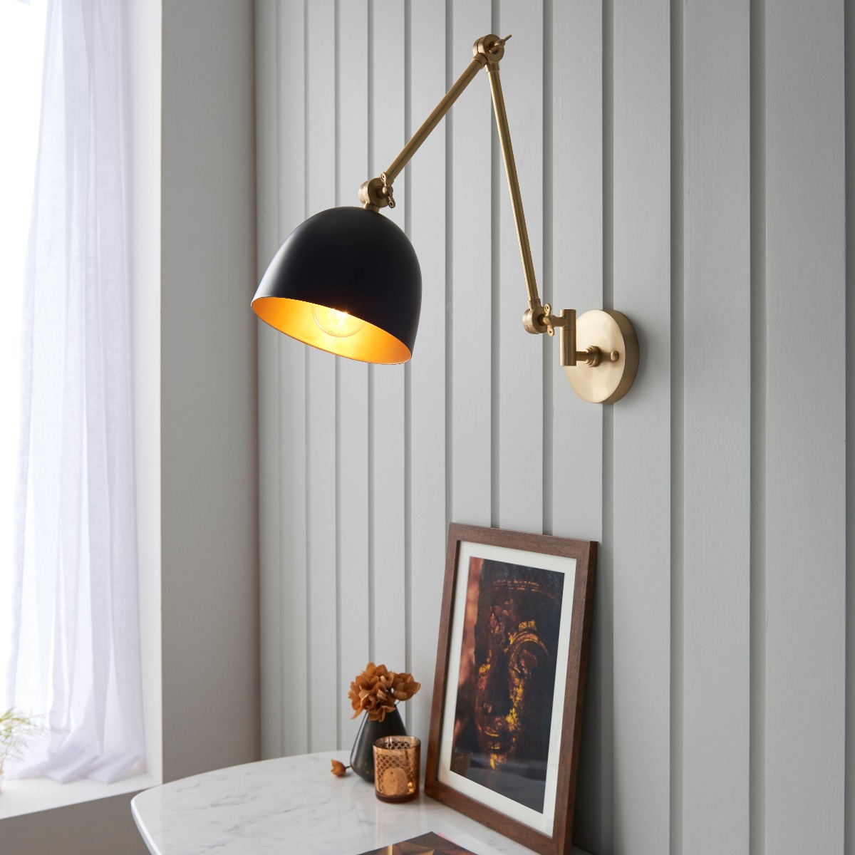 Endon Lighting 93142 Lehal Swing Arm Wall Light In Black And Solid Brass Finish