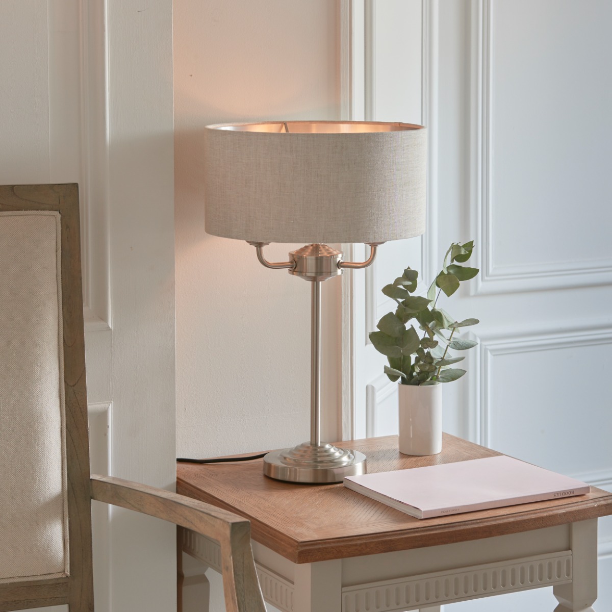 Endon Lighting 94369 Highclere Table Lamp In Brushed Chrome Finish With Natural Linen Shade