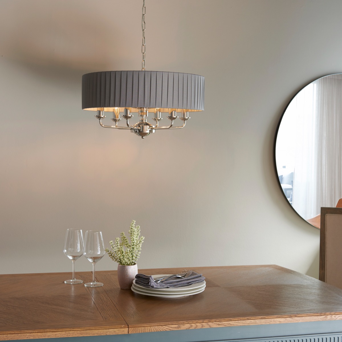 Endon Lighting 94397 Highclere 6 Light Ceiling Pendant In Nickel With Charcoal Silk Shade