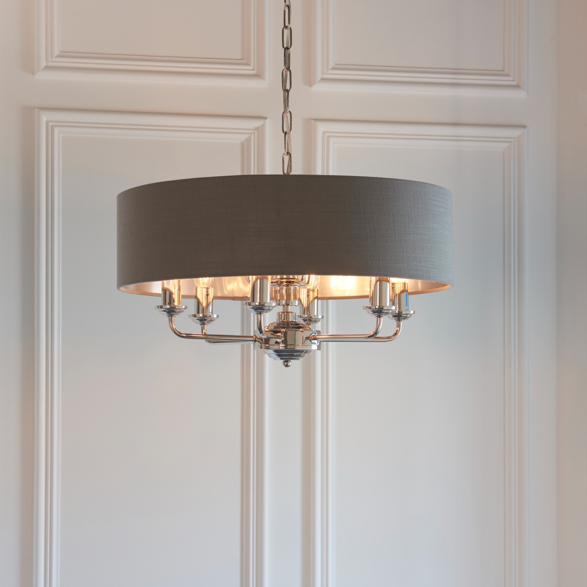 Endon Lighting 94415 Highclere 8 Light Ceiling Pendant In Nickel Finish With Charcoal Linen Shade