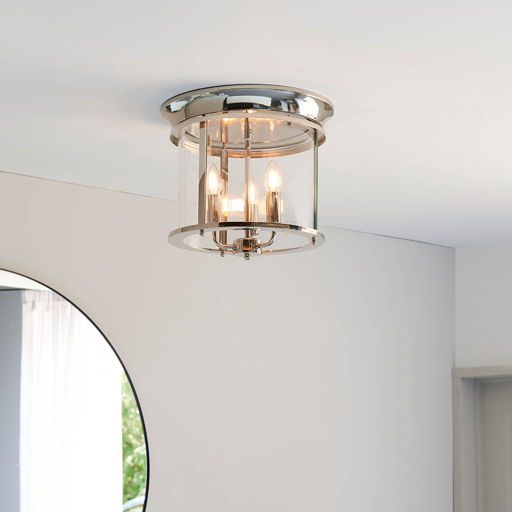 Endon 96153 Hampworth 3 Light Flush Ceiling Light In Bright Nickel With Clear Glass