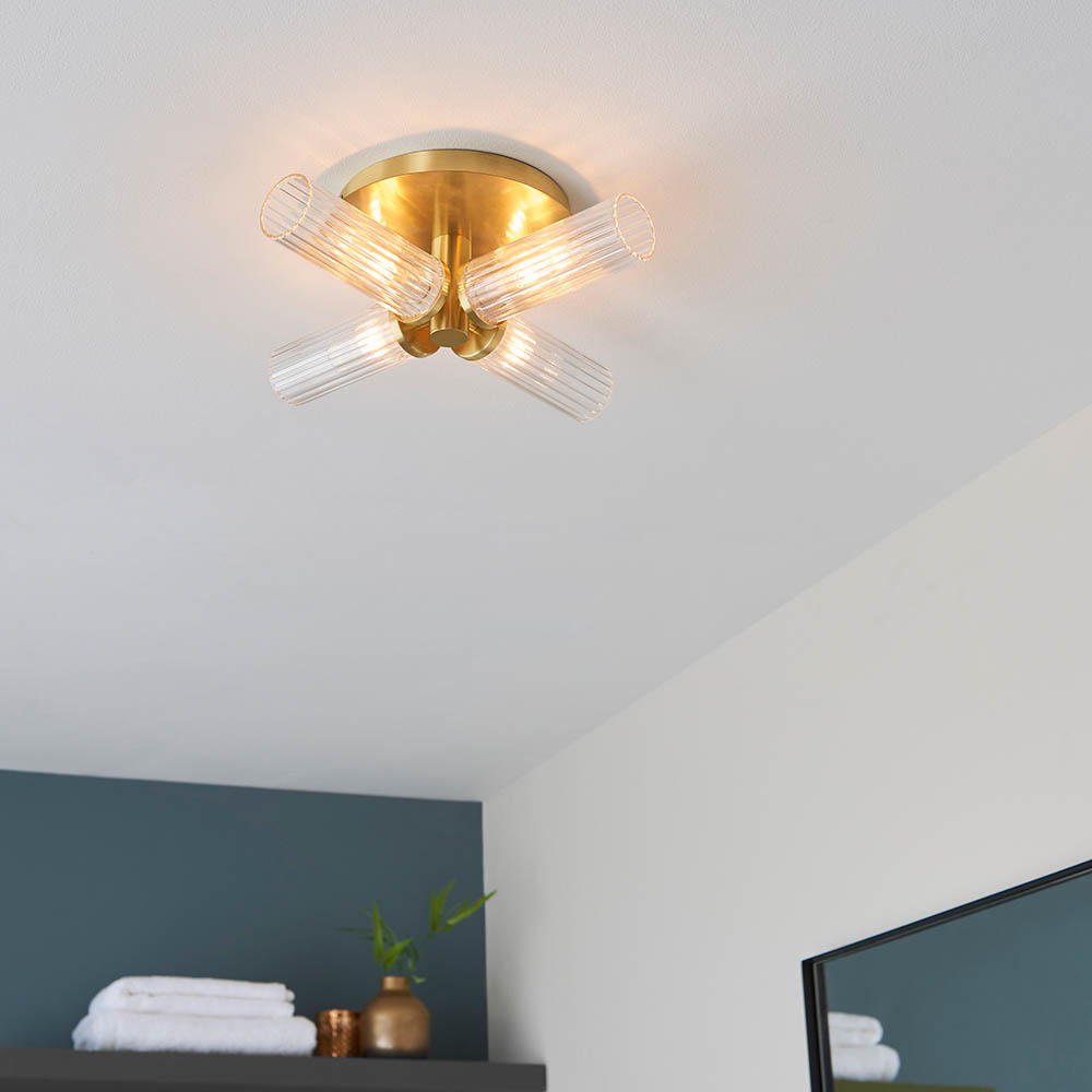 Endon 96160 Talo Bathroom 4 Light Semi Flush Ceiling Light In Satin Brass With Ribbed Glass IP44