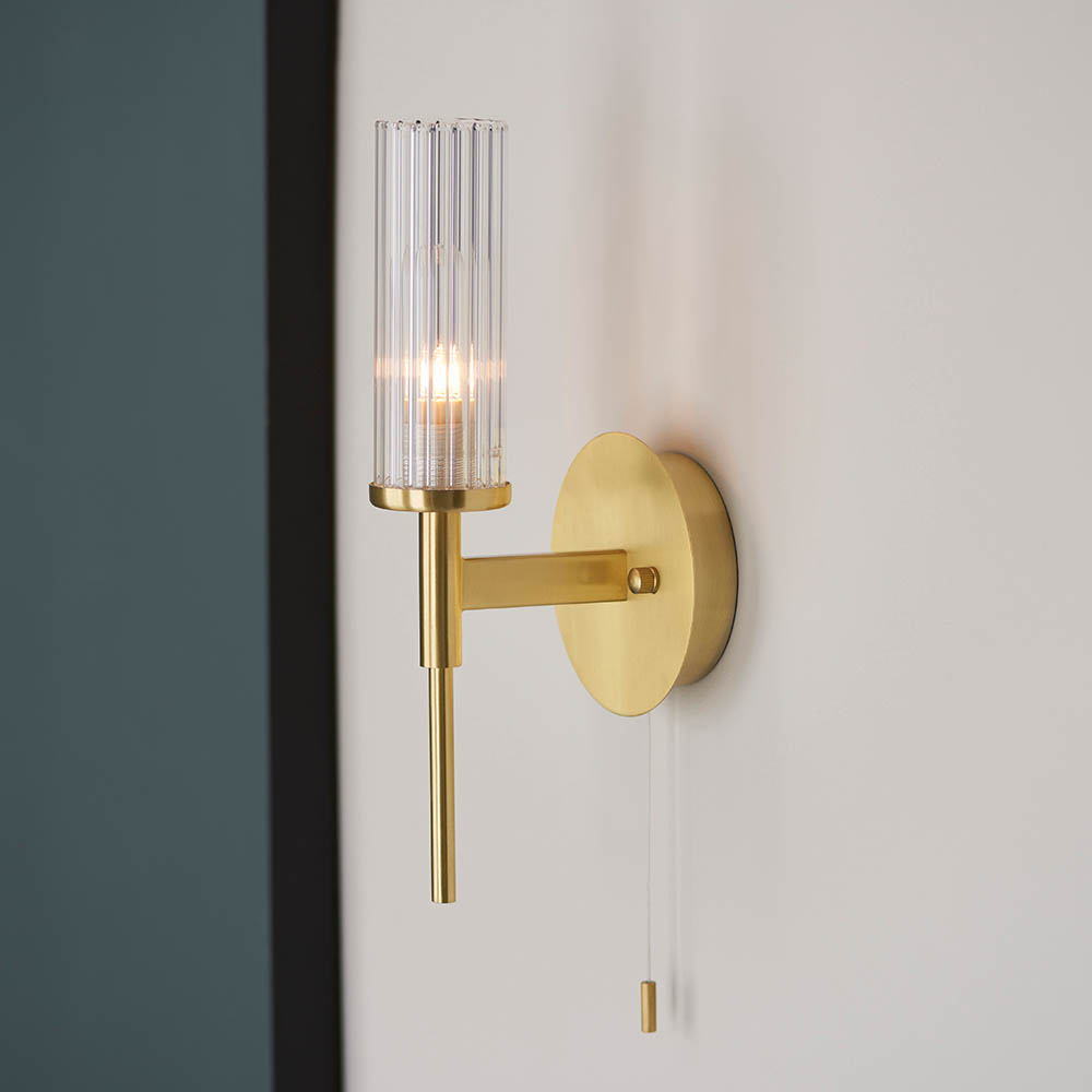 Endon 96163 Talo Bathroom Wall Light In Satin Brass With Ribbed Glass Shade IP44