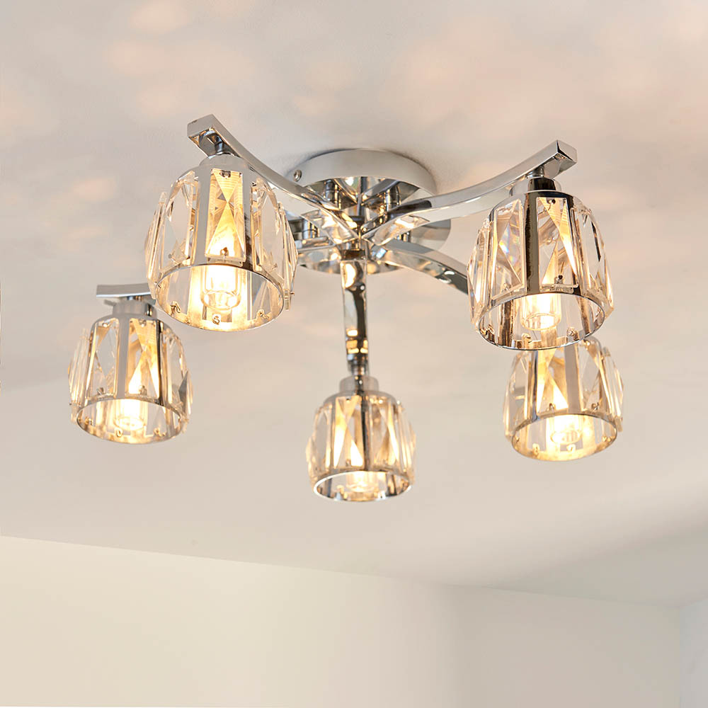 Endon 96454 Ria Bathroom 5 Light Semi Flush Ceiling Light In Chrome With Clear Crystal Glass IP44