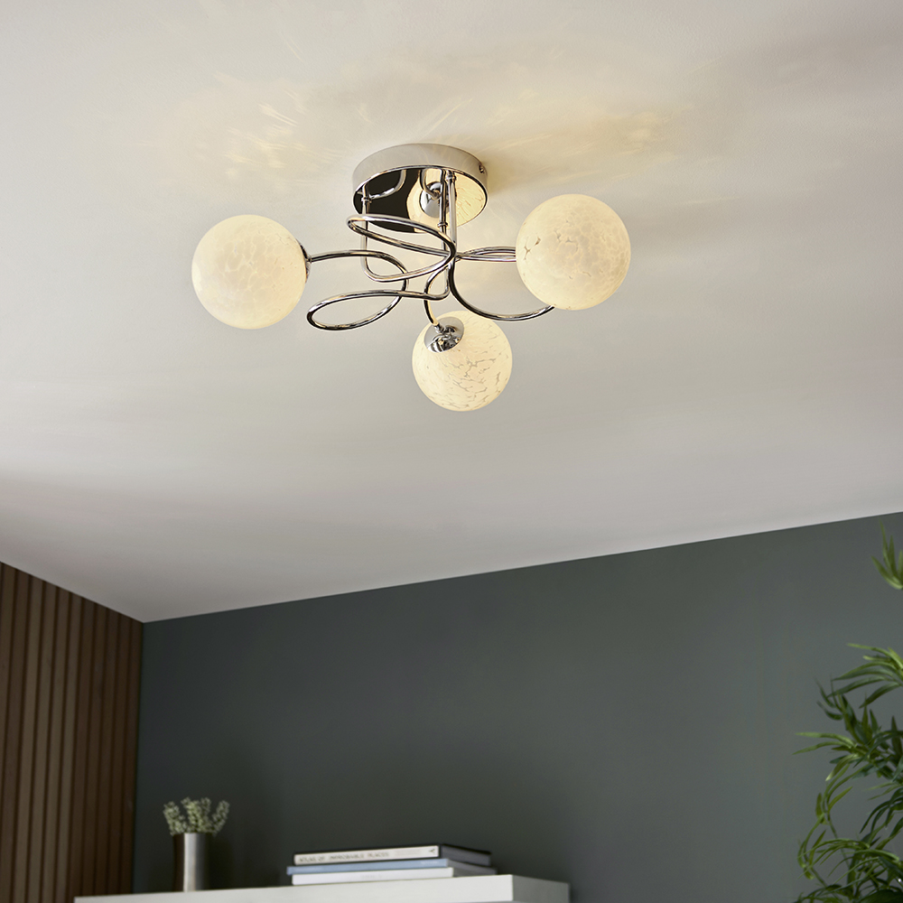 Endon 96641 Delos 3 Light Semi Flush Ceiling Light In Chrome Finish With White Confetti Glass