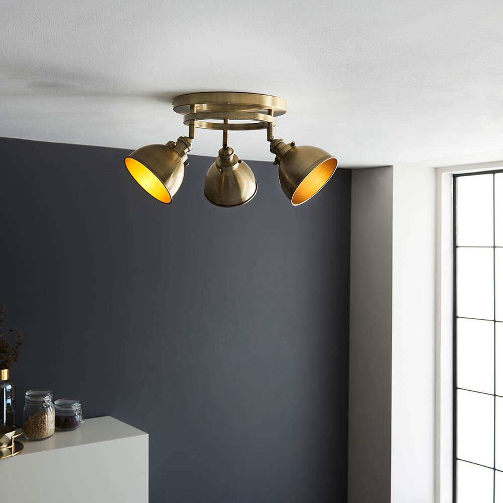 Endon 96802 Wyatt 3 Light Round Ceiling Spotlight In Antique Brass Finish