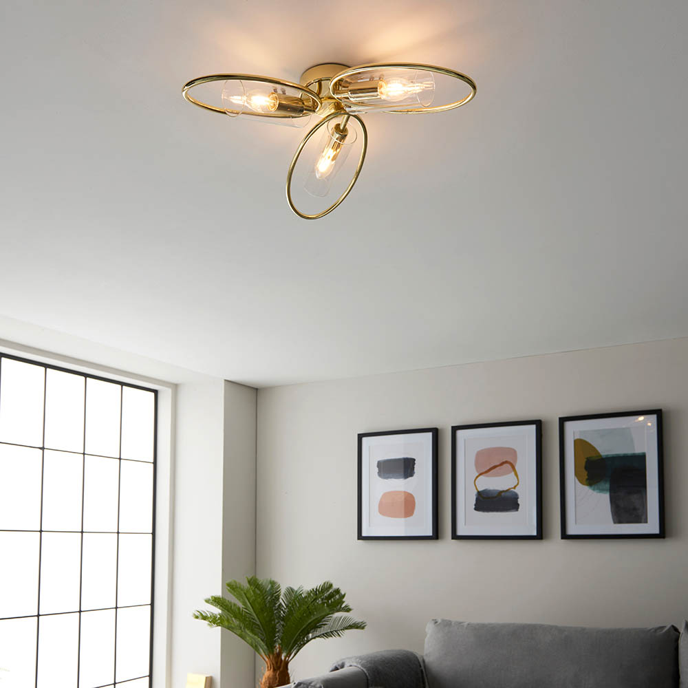Endon 97228 Amari 3 Light Semi Flush Ceiling Light In Polished Brass With Clear Glass Shades