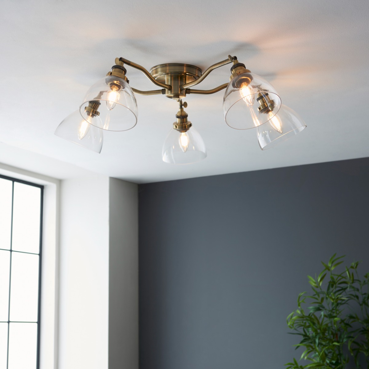 Endon 97248 Hansen 5 Light Flush Ceiling Light In Antique Brass With Clear Glass