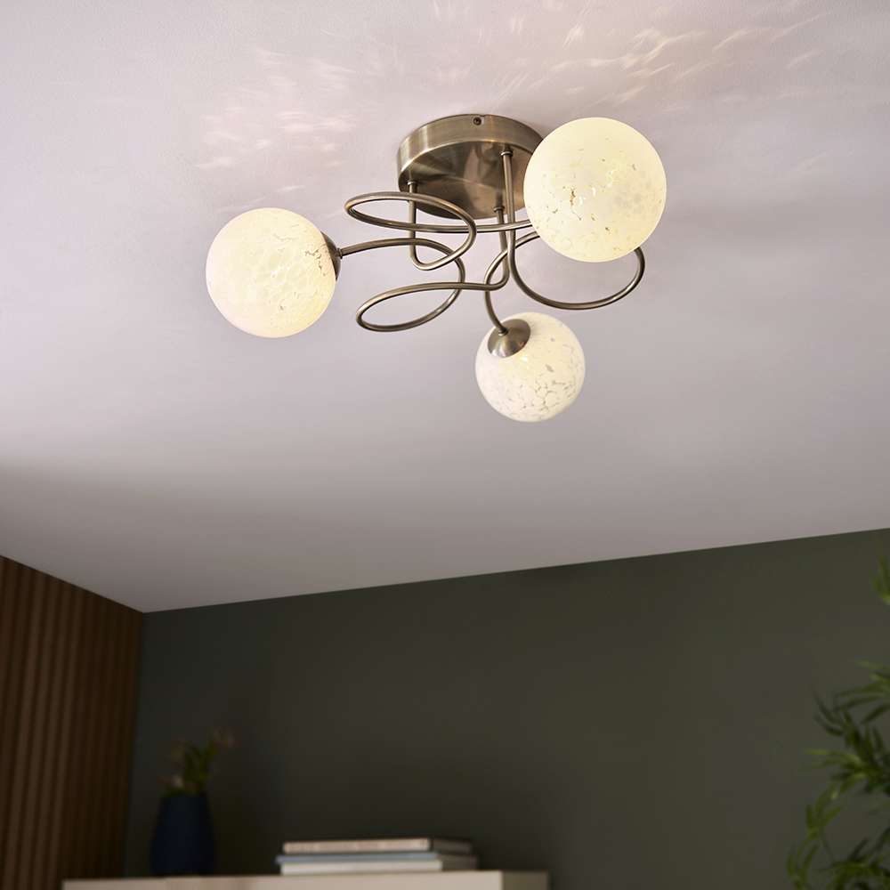 Endon 97647 Delos 3 Light Semi Flush Ceiling Light In Antique Brass Finish With White Confetti Glass