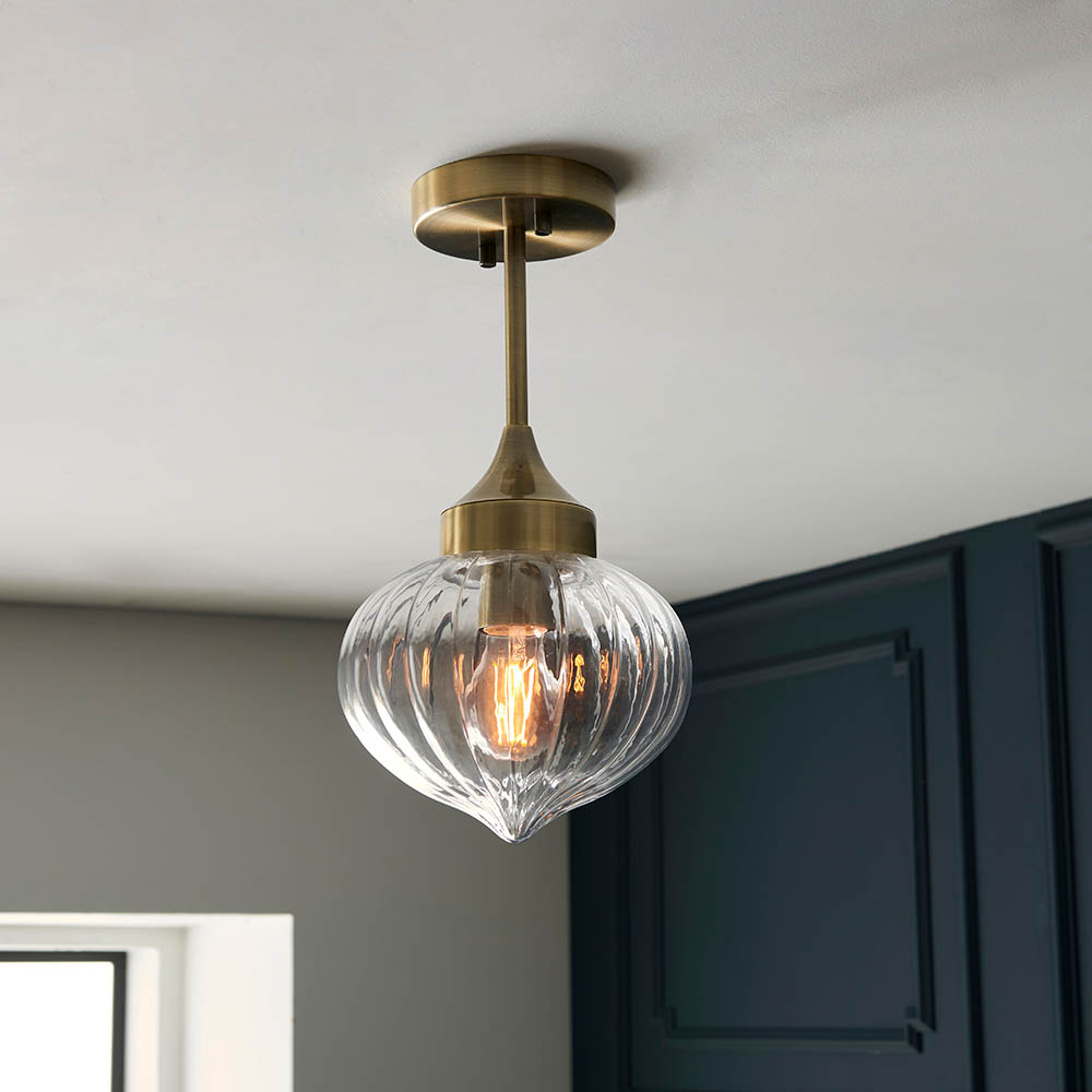 Endon 97684 Addington Semi Flush Ceiling Light In Antique Brass With Clear Ribbed Glass