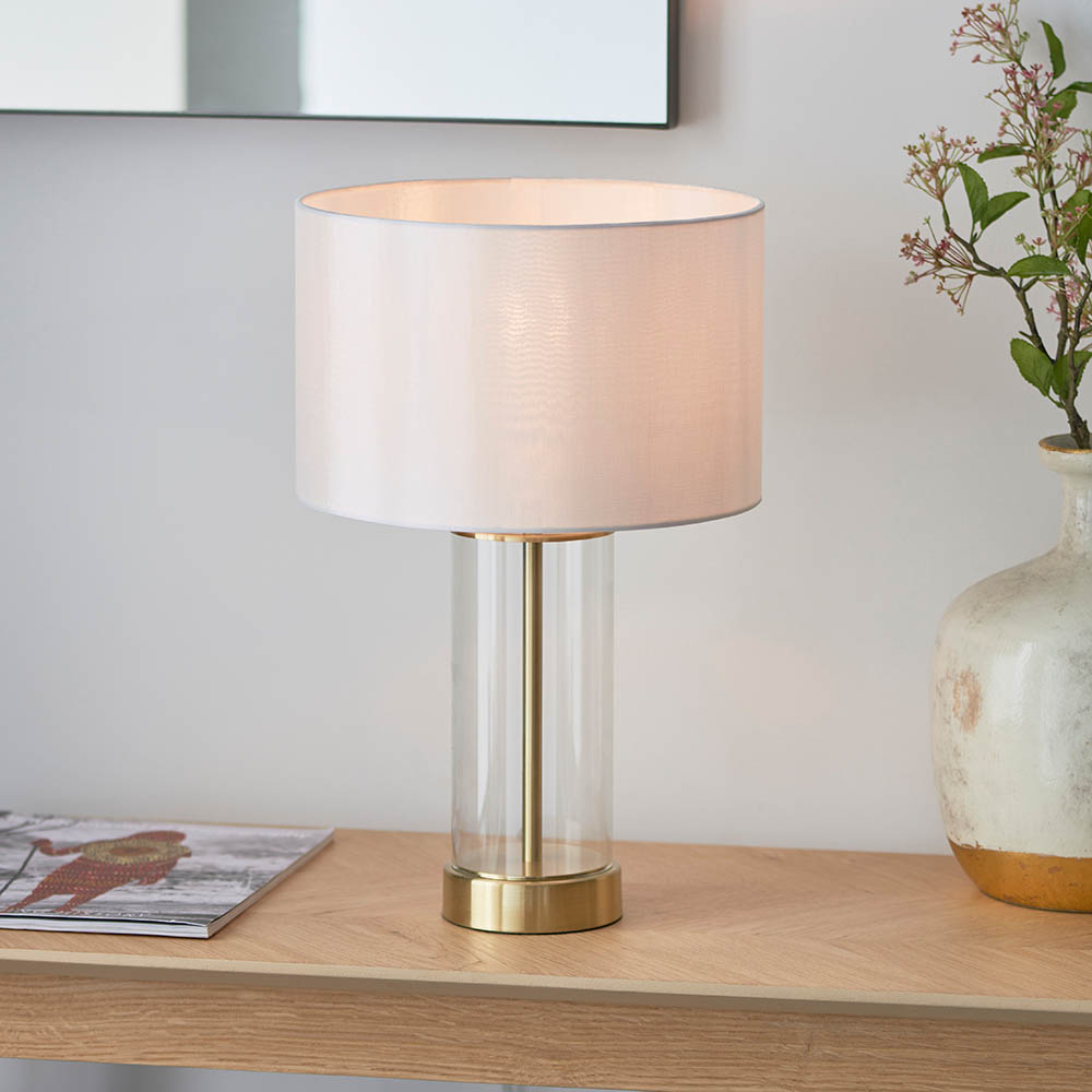 Endon 98810 Lessina Small Touch Table Lamp In Satin Brass With Vintage White Fabric Shade