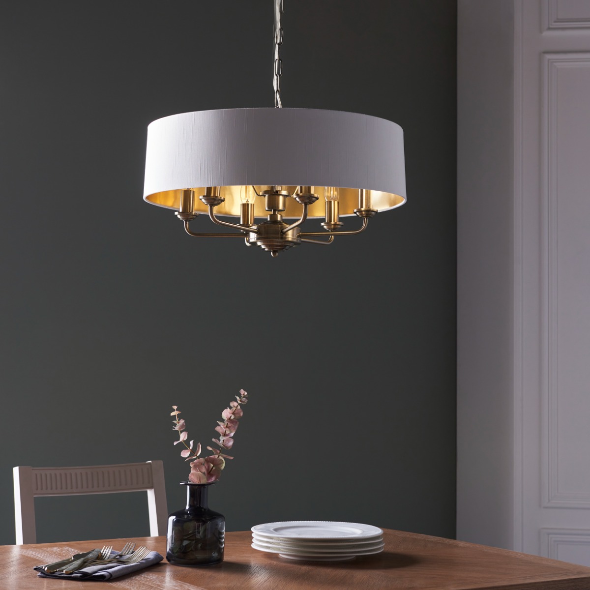 Highclere 6 Light Ceiling Pendant Light In Antique Brass Finish And Vintage White Shade
